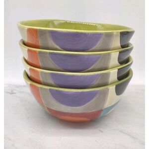 Pier 1 Urban Dot Cereal Bowls 4 Handpainted 6 1/4" Circles Squares Pattern